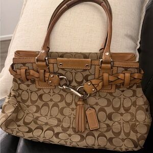 Coach Brown Signature Canvas Tote with Tan Leather Trim and Tassel - SOLD